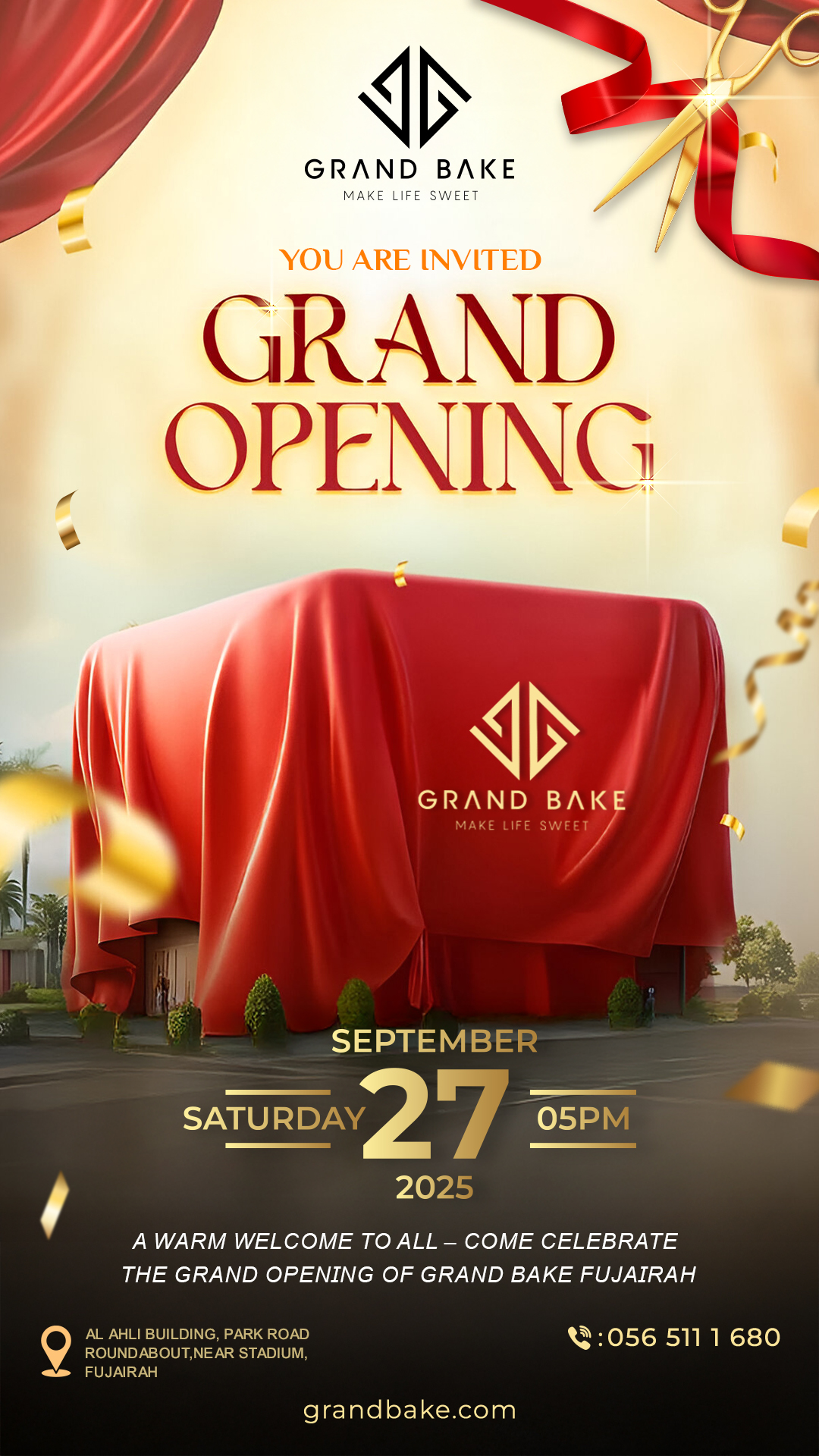 Grand Bake Fujairah branch opening poster